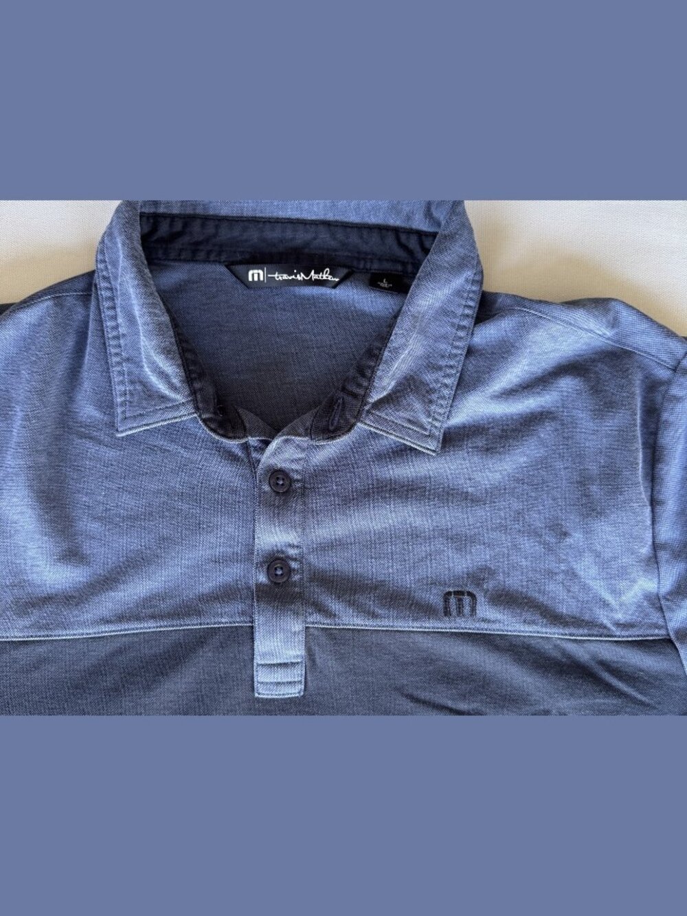 Travis Mathew Polo Shirt Blue Navy Chest Stripe Size L